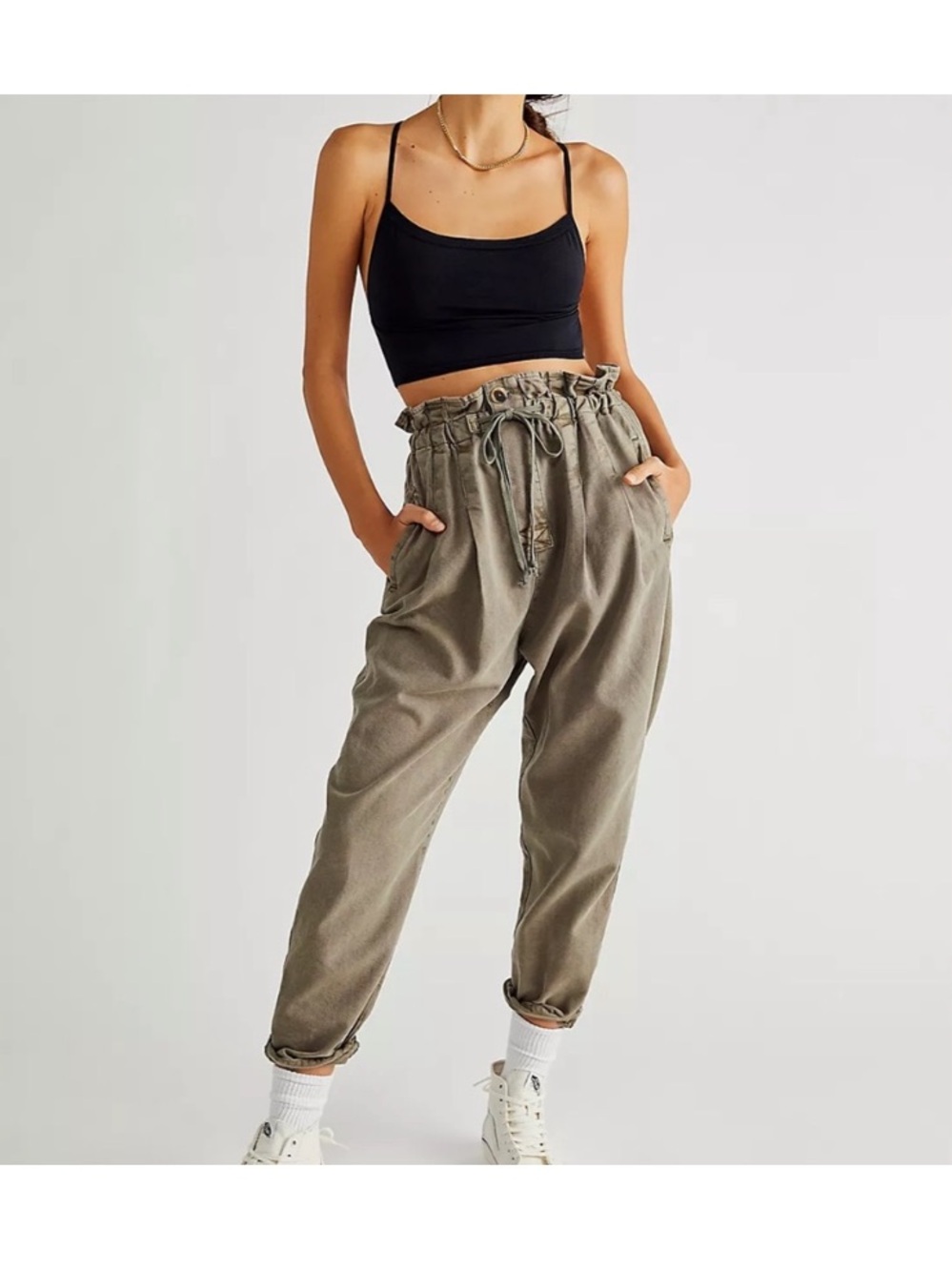 Free People Margate Pleated Trouser in Olive Green size Small